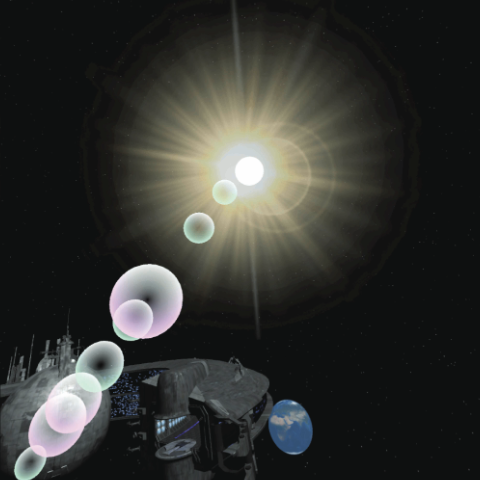 A space scene with a bright sun, showing lens flare artifacts.